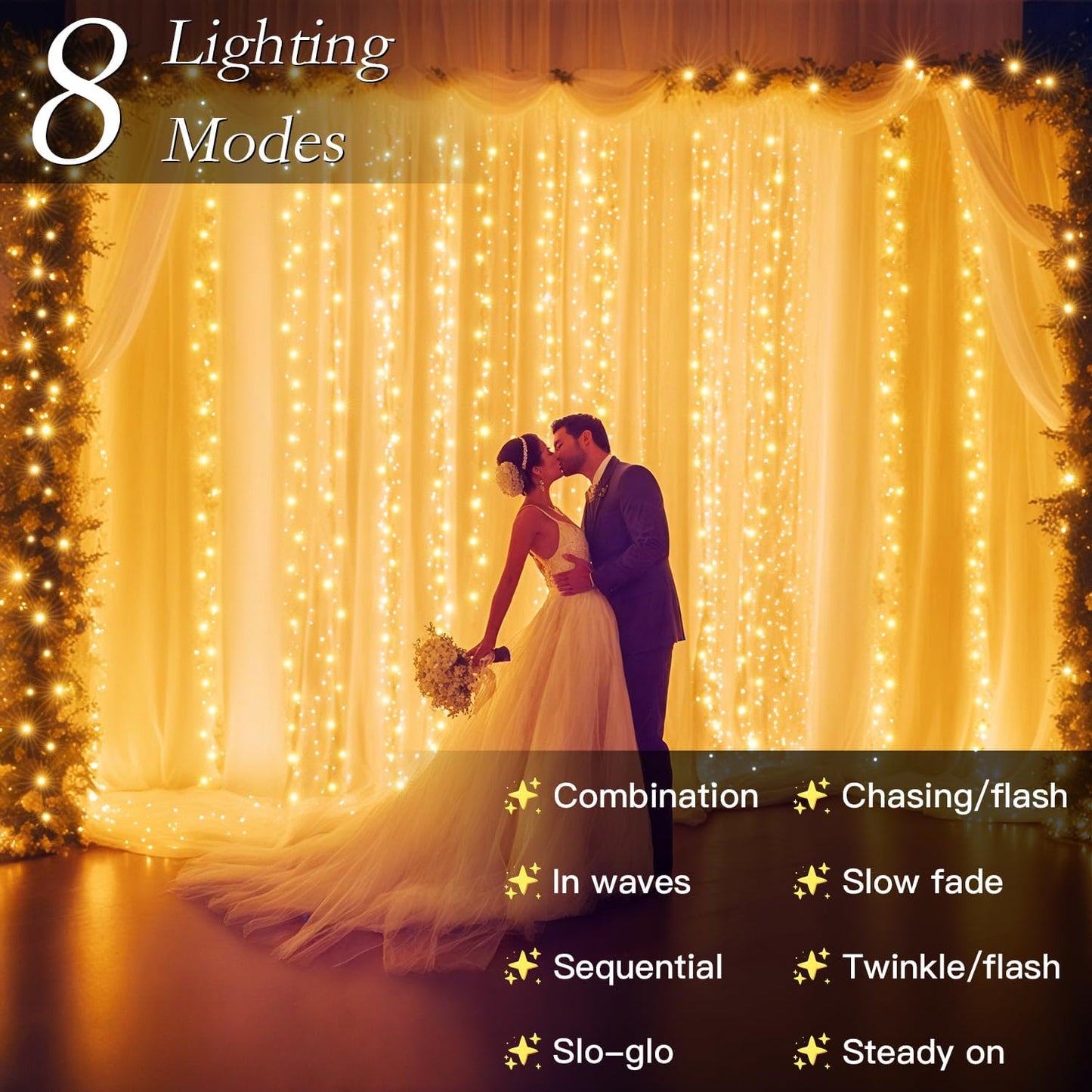 300 LED Curtain String Lights 9.8FT Plug in Fairy Lights with Timer and 8 Modes, Waterproof Window Wall Lights for Bedroom Wedding Party Indoor Outdoor Christmas Decor