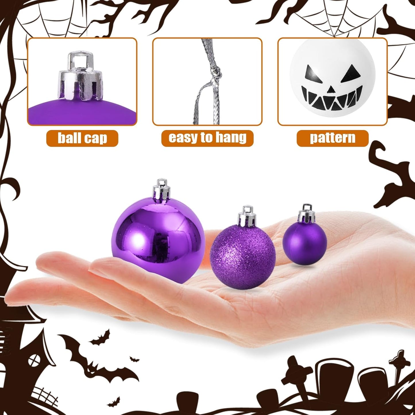69pcs Halloween Ball Ornaments Set, Shatterproof Decorative Hanging Ornaments Set for Small Tree, Cute Balls for Home Indoor/Outdoor Halloween Party Holiday Decor