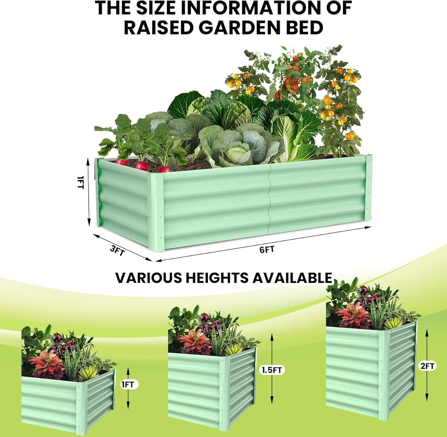 6x3x1ft Large Outdoor Planter Boxes Kit Set of 2, Galvanized Raised Bed Planter with Open-Ended Base Design, Elevated for Outdoor Plants, Durable Raised Bed for Gardening,Green