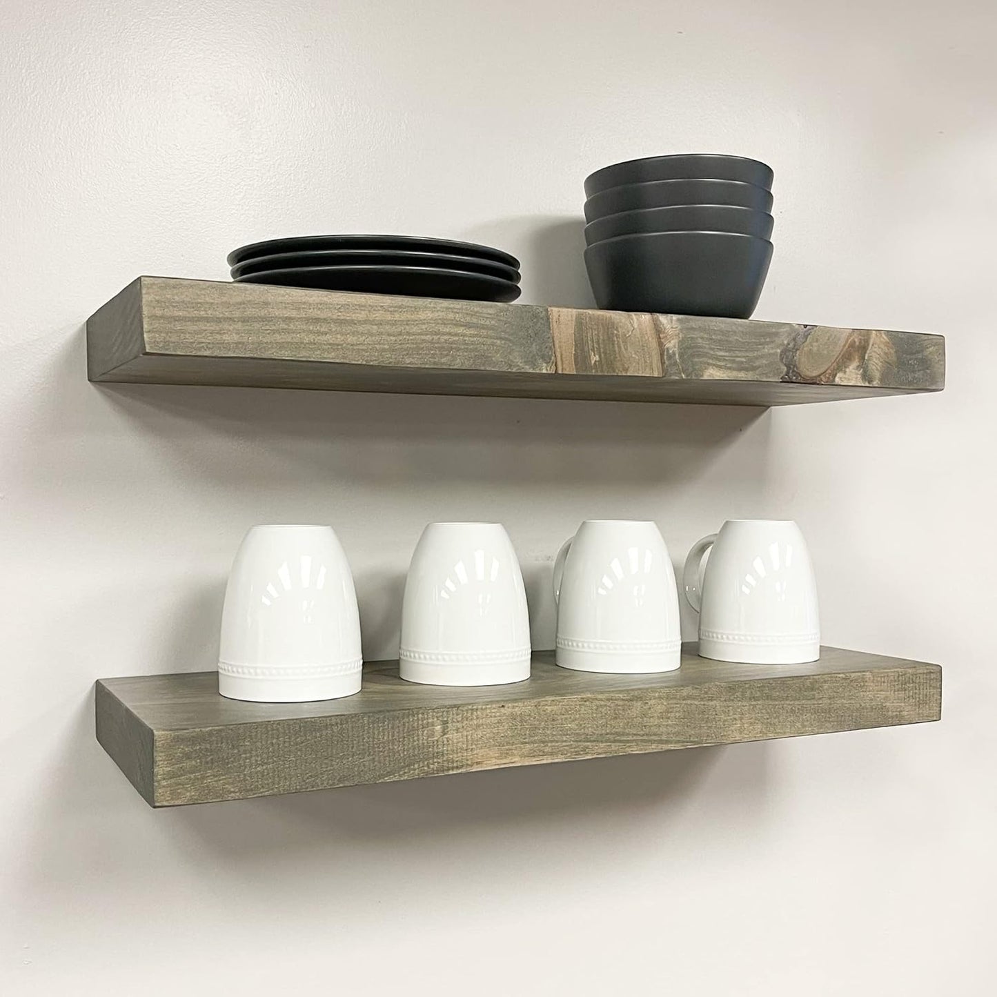URBANDI, Rustic Floating Shelves, Set of 2, Hidden Bracket, Solid Wood, Heavy Duty, Wall Mounted Shelves, (Grey, 36Wx12D)