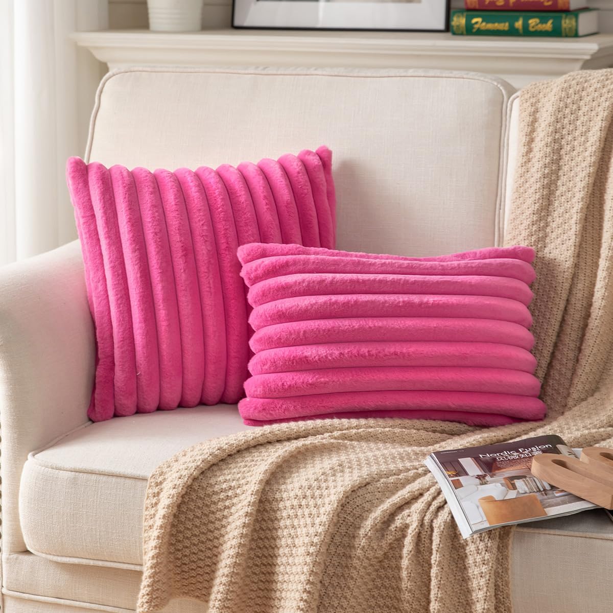 DEELAND Pack of 2,Double-Sided Faux Fur Plush Decorative Throw Pillow Covers Fuzzy Striped Soft Pillowcase Cushion Covers for Sofa Couch Bedroom