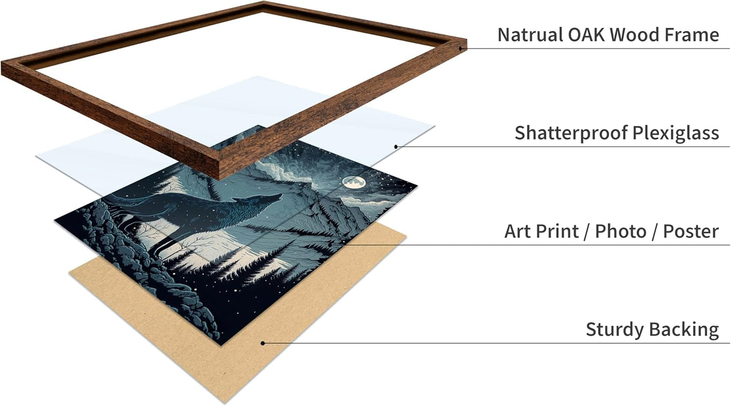 Poster Master Vintage Illustration Poster - Retro Animal Print - Gift for Artist, Friend - Wolf Howling at the Moon, Mountain, Snow, Landscape - Wall Decor for Home, Office, 8x10 Brown Framed