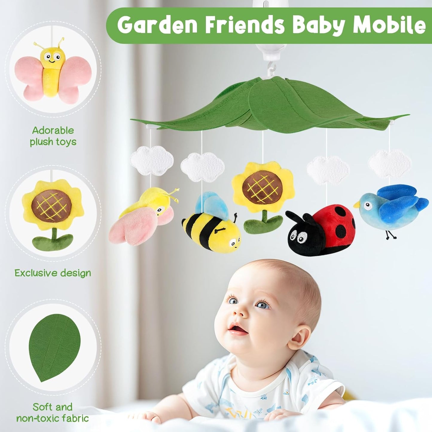 Garden Friends Crib Mobile – Baby Mobile for Crib with Upgraded 3-Mode Music Box, Colorful Baby Mobile with Butterfly, Bee and Bird for Boys & Girls, Nursery Mobiles, Fits Standard Cribs