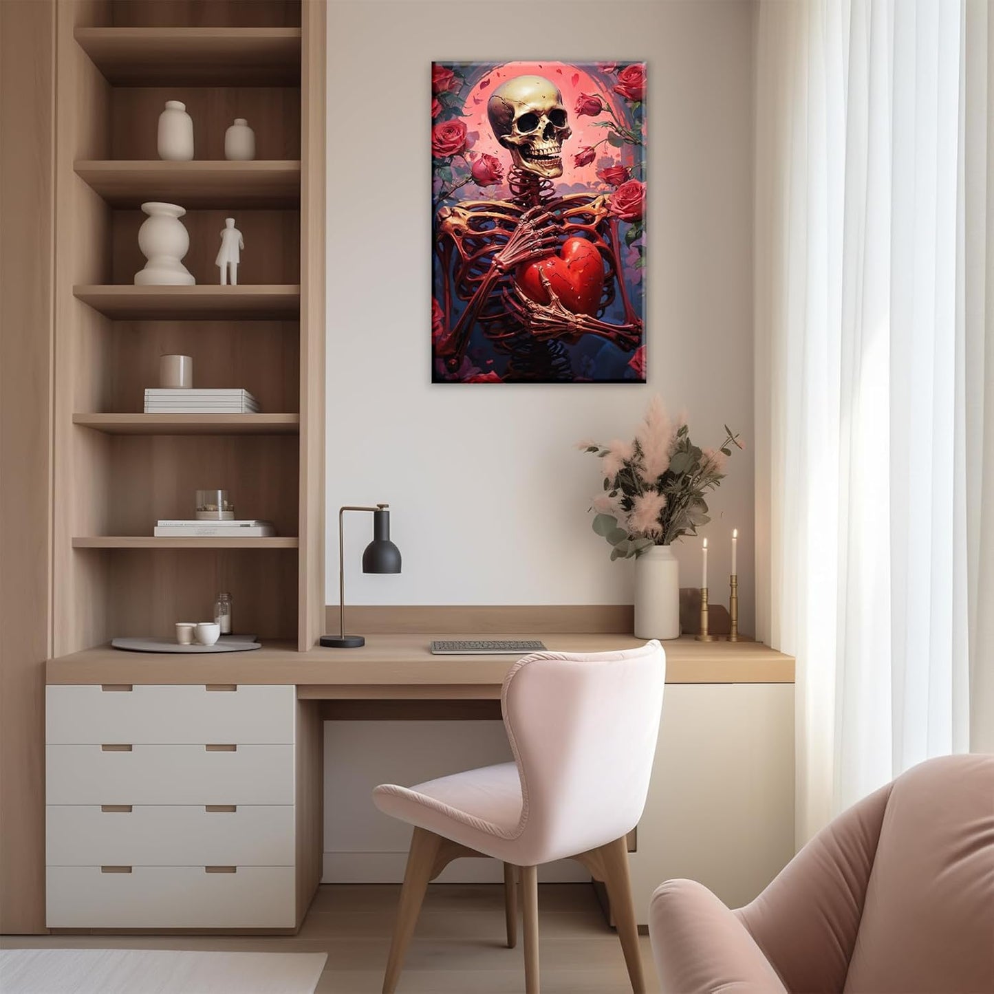 OAAPITI Skull Skeleton Canvas Wall Art Skull Holding Heart Picture Print Romantic Theme Painting Artwork Gothic Poster Wall Decor Living Room Halloween Decor(Artwork-1,24"x36")