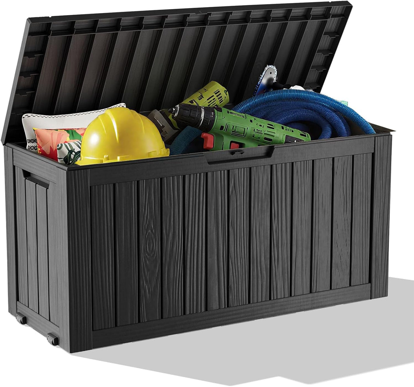 75 Gallon Outdoor Storage Box - Waterproof Resin Deck Box for Patio Cushions & Garden Tools - Lockable Indoor/Outdoor Storage Bin - Sleek Black Design