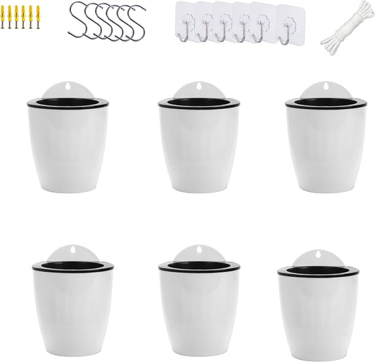 ORIMERC 6 Pack White Self Watering Wall Hanging Planter Pots Vertical Garden Window Mount Indoor Outdoor Plant Flower Basket Kitchen Herbs Balcony Railing Shelf Fence Bedroom Trellis Decor(Medium)