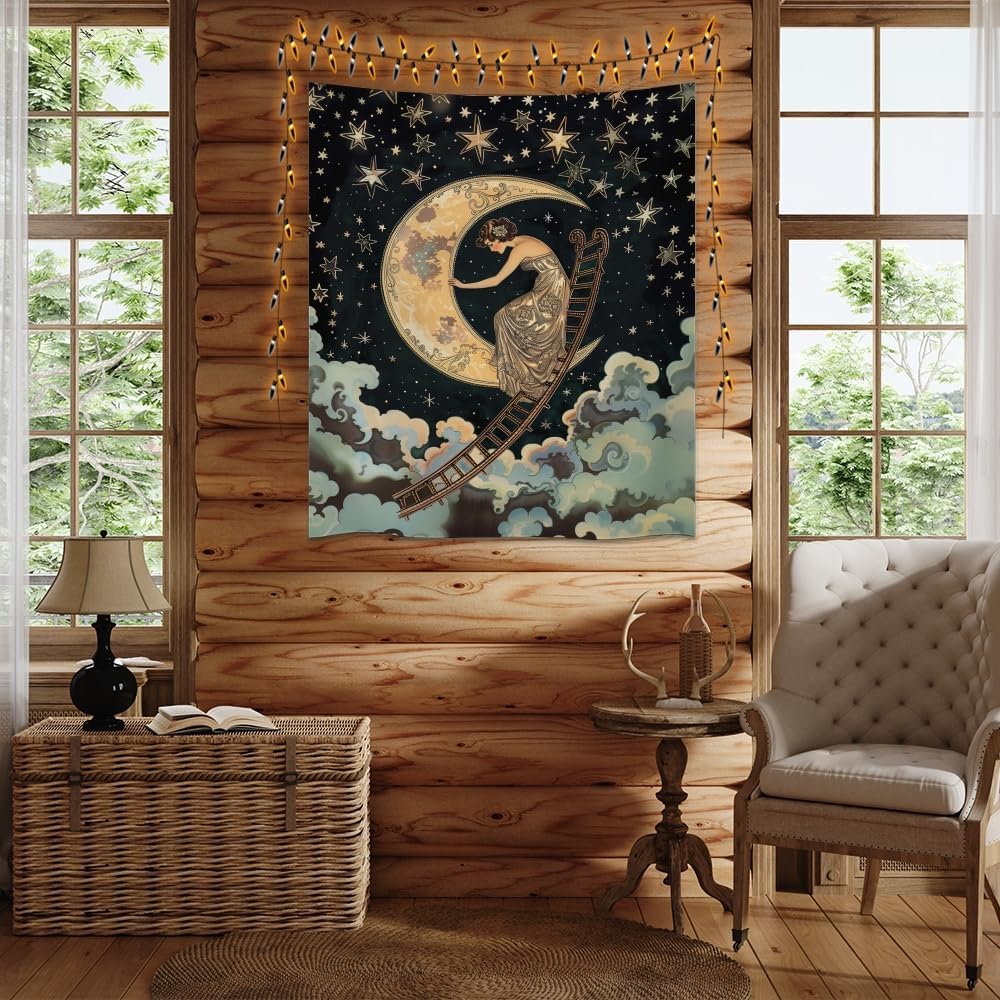 Dark Academia Gothic Aesthetic Tapestry ladder to The Moon and Stars Wall Hanging Print Trendy Vintage Art Nouveau Tapestries Decor for Home Bedroom Living Room 60x80inch