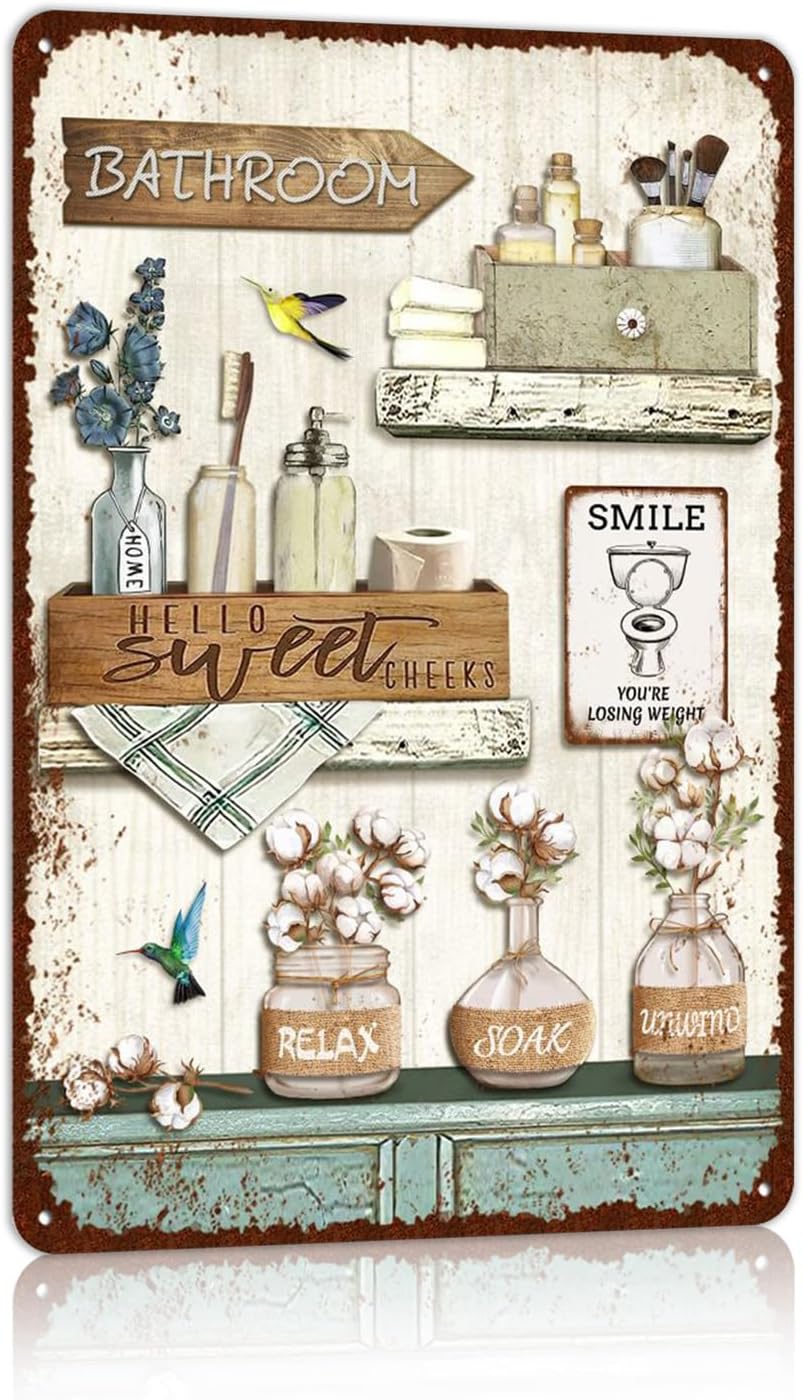 Vintage Farmhouse Bathroom Metal Tin Signs Rustic Flower Country Wall Art Decor 8X12 Inches