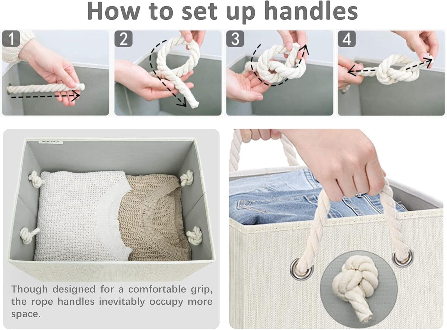 StorageWorks Storage Bins with Lids, Decorative Storage Boxes with Lid and Soft Rope Handles, Foldable Storage Baskets for Closet, Shelves, Stackable, Ivory and White, Jumbo, 3-Pack