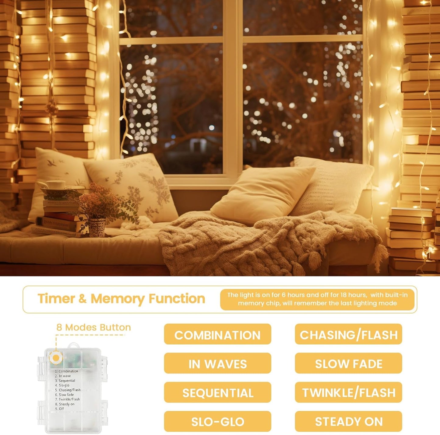 33FT 100LED String Lights Battery Operated with Timer, Waterproof Battery Powered Twinkle Lights, 8 Modes Fairy Light for Indoor & Outdoor Party Bedroom Garland Tree Christmas Decorations (Warm White)