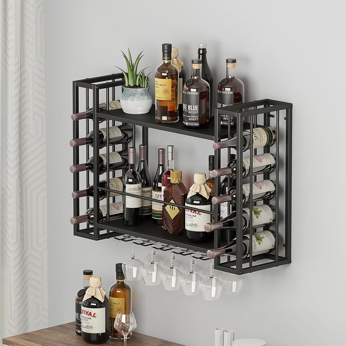 Wall Mounted Wine Rack, Wine Rack Wall Mounted with Wine Glass Rack, 2-Tier Multi-Functional Shelf for Home Restaurant Bar Storage Rack,Black (47.2”W x 9.8”D x 21.65”H)