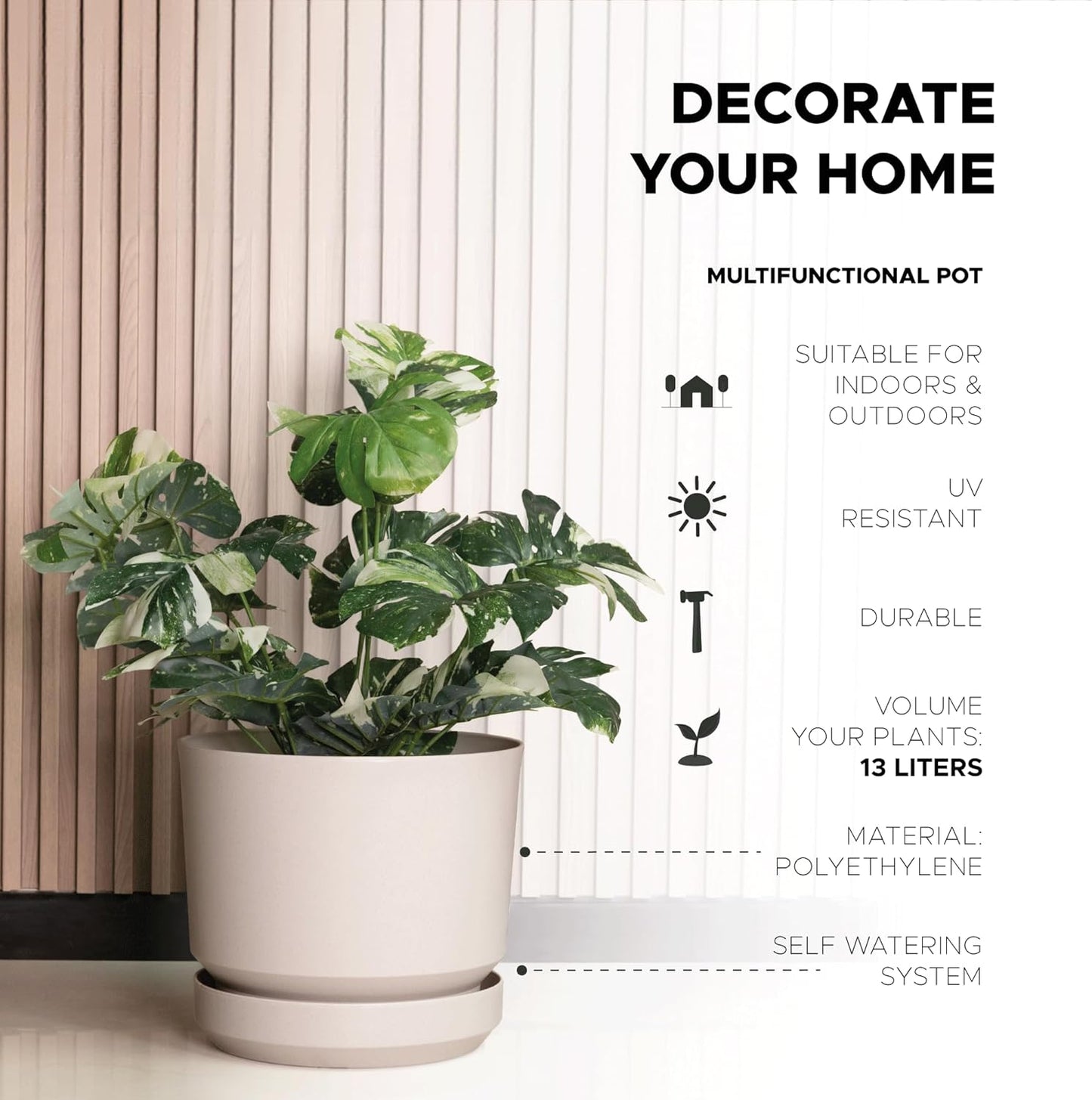 Elly Décor 14 inch Plastic Cylinder Planter Pot with Self-Watering Saucer and Drainage Hole,Lightweight & Extremely Durable, 14"x 14", Ivory