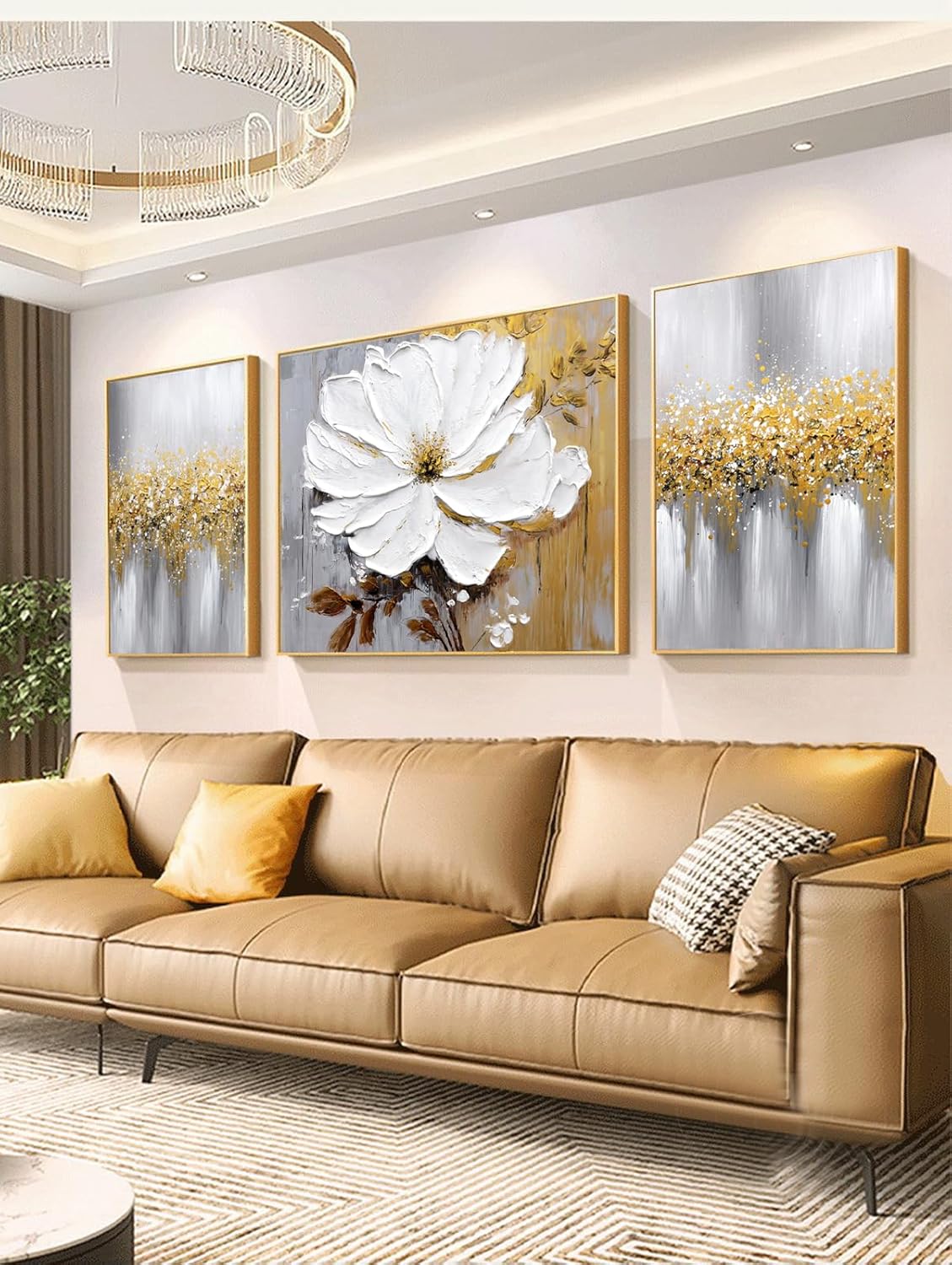 Hand-Painted Flower Oil Painting for Living Room,Framed 3D Gold and White Abstract Wall Art for Bedroom, Large 3 Pieces Floral Wall Painting for Office Home Decor 24x64 inches