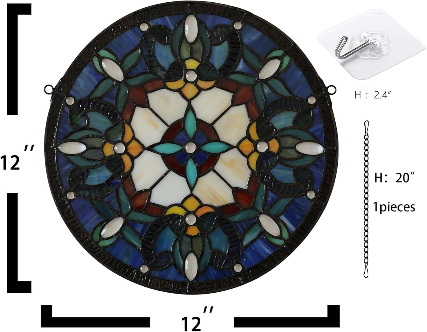 Handcrafted Stained Glass Window Panel - 12-Inch Round Floral Design with Vibrant Colors, Elegant Decorative Hanging Art for Home Décor, Includes 20-Inch Chain & Hook (Blue iris)