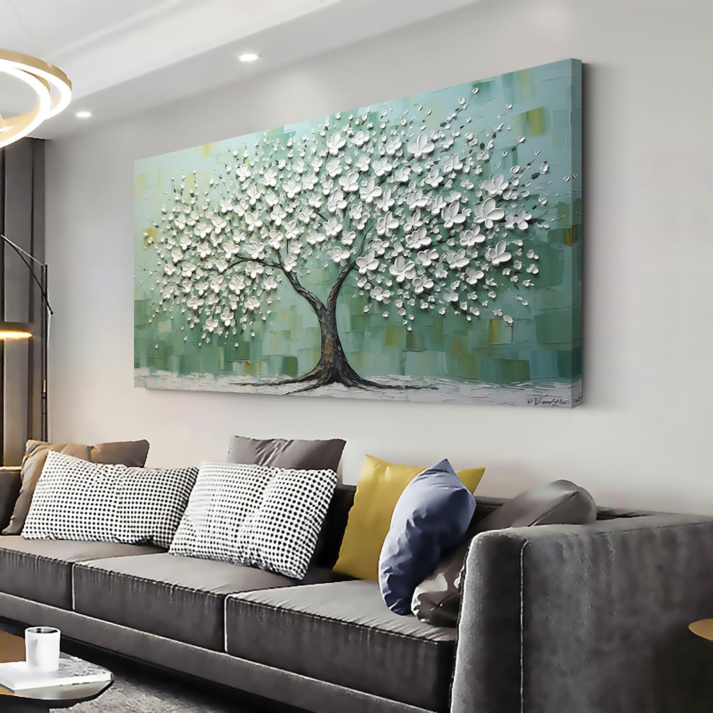 LASMOND Turquoise Tree of Life Wall Art for Living Room Canvas Prints Artwork Modern Abstract Bedroom Office Painting Decor (46x23 Inches)