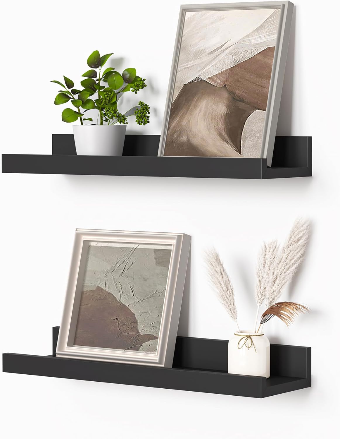 Heimlove Picture Ledge Shelf, Small Floating Shelves Set of 2, 16 Inches Picture Shelf for Wall with Ledge, Kids Bookshelf Wall Mounted for Living Room Bedroom Decor Books Photo Frames, Black