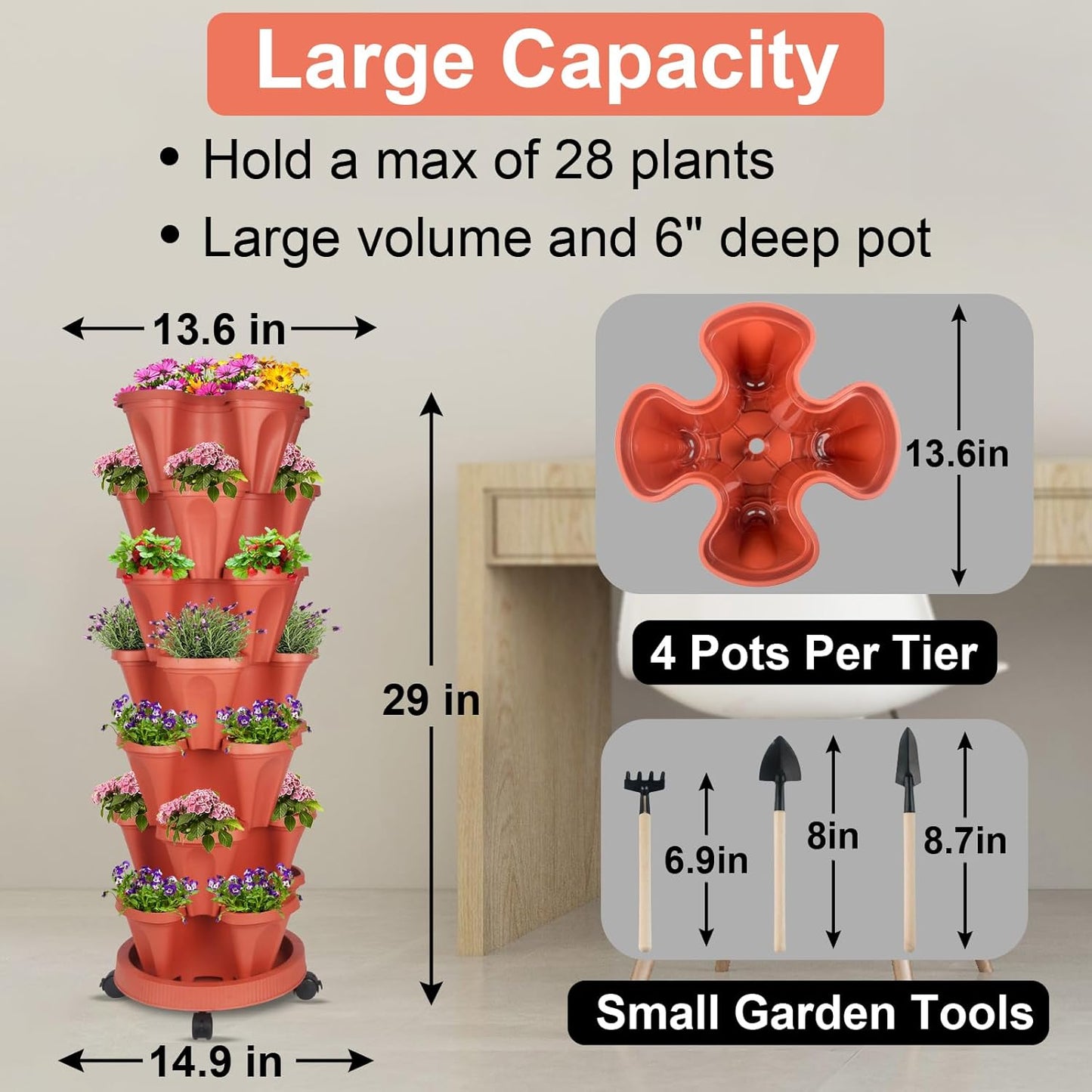 DUNCHATY Stackable Planters 7 Tier Vertical Garden Planting Tower Planters Strawberry, Herb, Flower, and Vegetable Planter Indoor Outdoor Gardening Pots with Removable Wheels and Tools