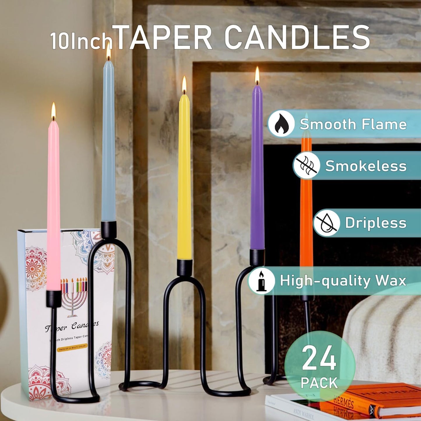 24 Pack 10" Tall Colored Taper Candles, Dripless Unscented Colorful Candlesticks for Birthdays Dinner Party Home Décor, Long Burning Spell Chime Candles for Witchcraft Ritual Prayer Meditation