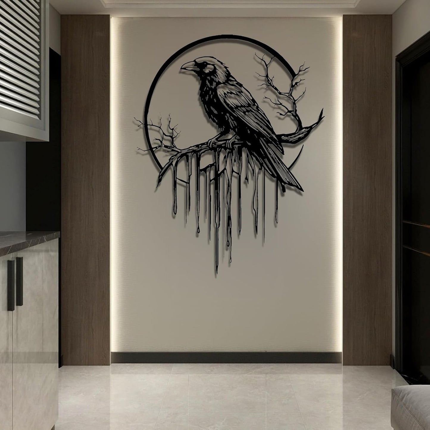 Crow Metal Wall Decor, Raven Wall Art, Large Gothic Raven Decor Hangings, Bird Wall Decor, Metal Tree Branch Decor, Ravens Sign, Raven Art for Living Room (Silver, 28"x22" |70x56cm, metal wall art)