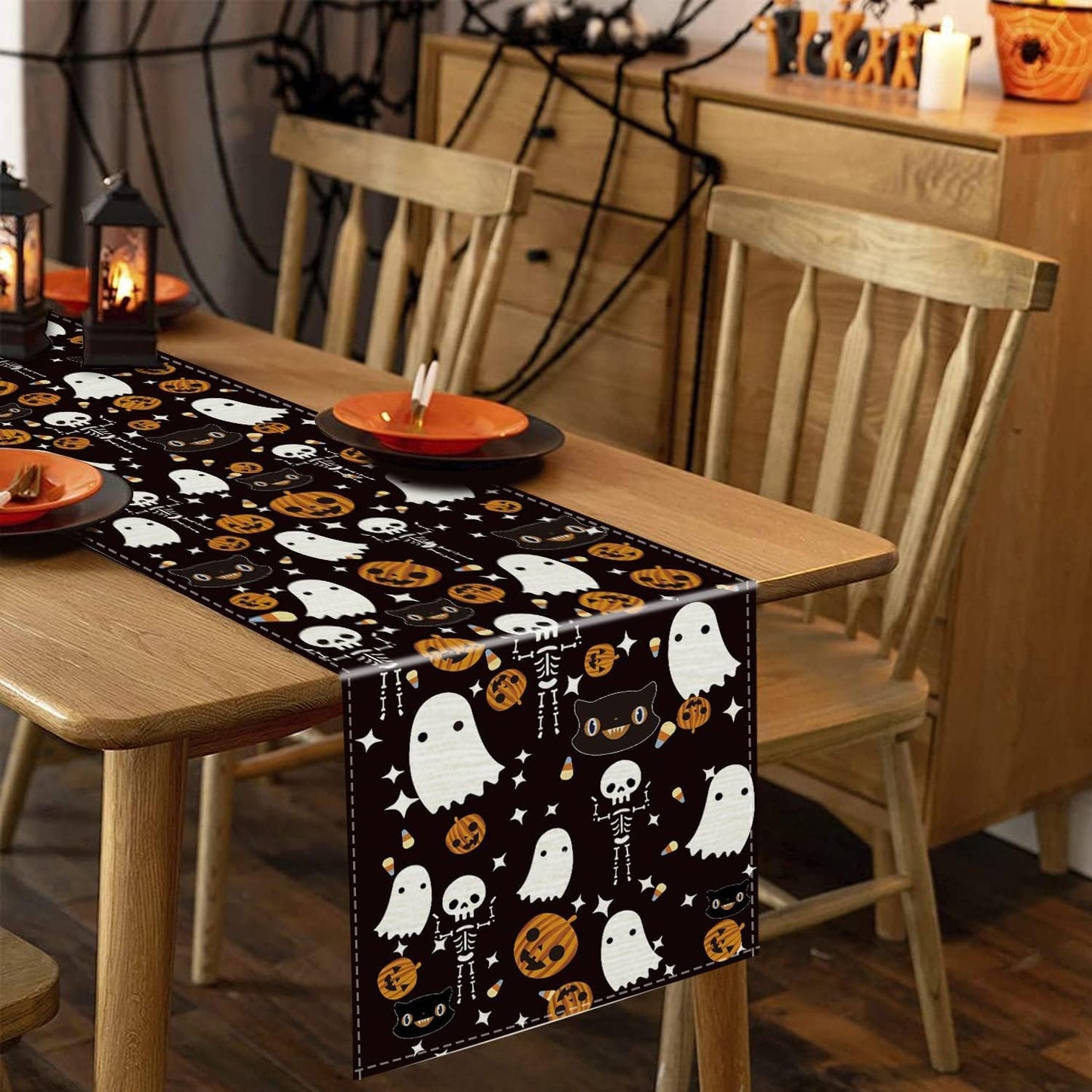 GAGEC Halloween Table Runner Black Cat Pumpkins Seasonal Kitchen Dining Table Home Outdoor Party Decorations (13'' x 48'')