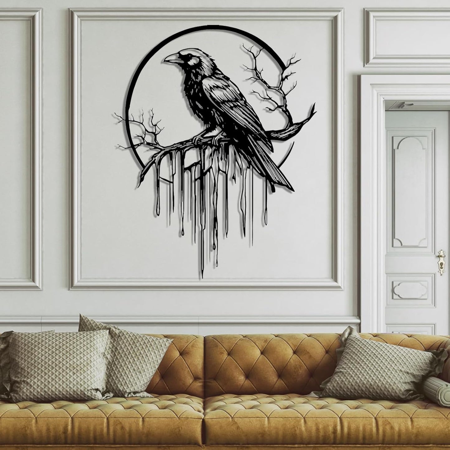 Crow Metal Wall Decor, Raven Wall Art, Large Gothic Raven Decor Hangings, Bird Wall Decor, Metal Tree Branch Decor, Ravens Sign, Raven Art for Living Room (Black, 19"x15" | 47x38cm, metal wall art)
