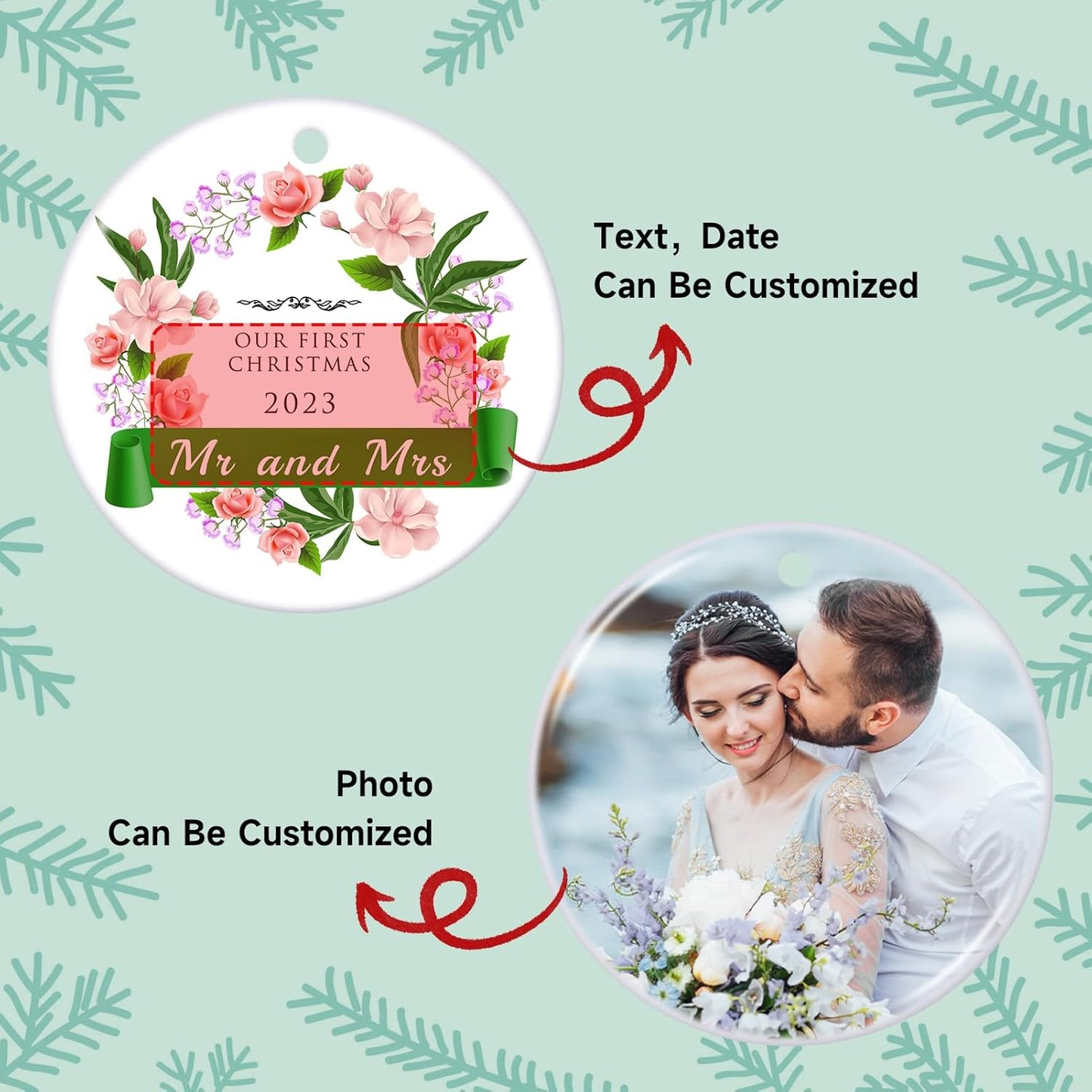 Personalized Our First Christmas Married Ornament 2025, Just Married Christmas Ornament as Mr and Mrs, First Year Newlywed 2.9" Ceramic Round Xmas Tree Decorations