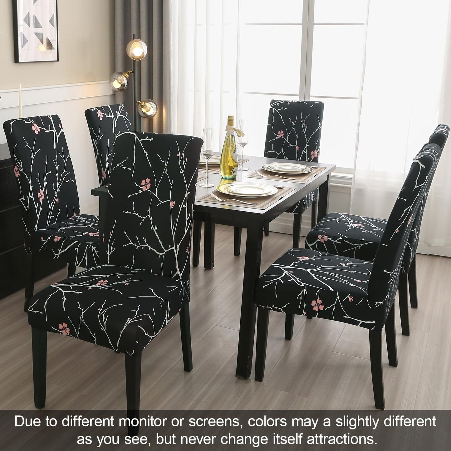 JQinHome Pattern Chair Covers for Dining Room Set of 6, High Stretch Removable Washable Parsons Chair Slipcover for Home Party Hotel Wedding Ceremony (Flourish Black,6PCS)