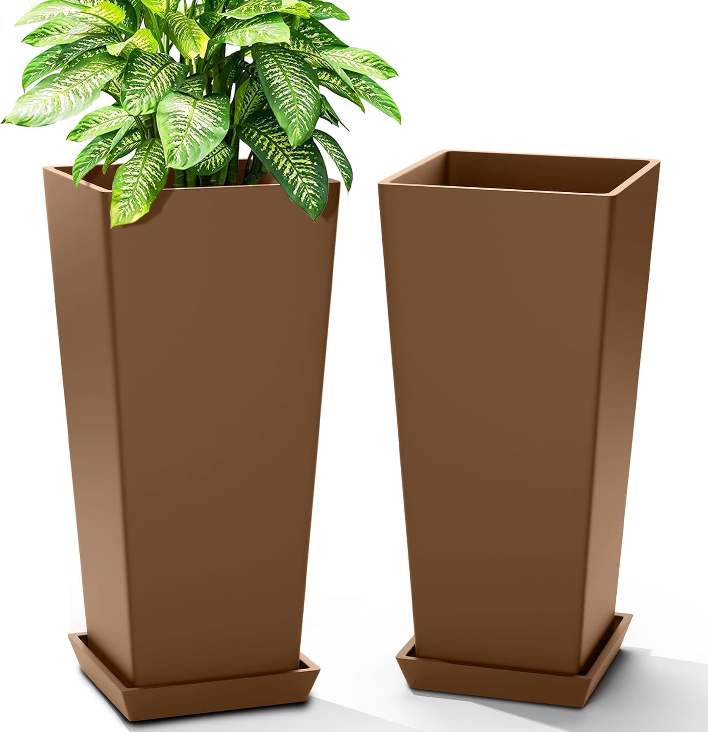 FENCY Set of 2 Tall Planters for Outdoor Plants, 24 Inch Large Tapered Pots with Drainage Trays, Weather-Resistant Plastic Plant Containers for Patio, Porch, Garden, Front Door Decor,Brown