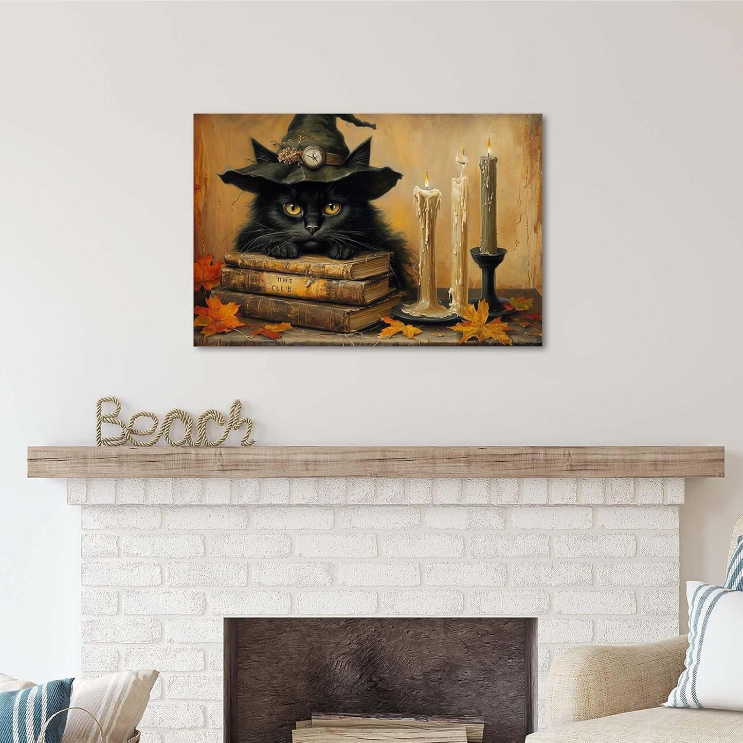 Vintage Halloween wall decoration black cat and magic book suitable for home bedroom living room decoration dark classic art witch wall decoration24x36in Wood Framed