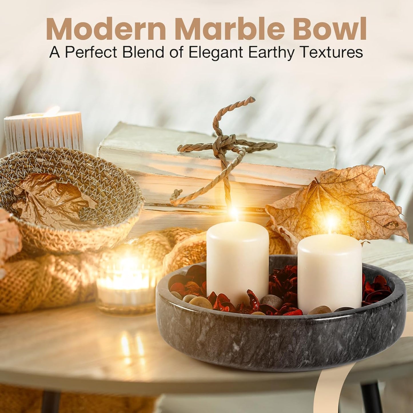 Marble Decorative Bowl - 7.5" Natural Black Solid Marble Centerpiece - Handmade Stone Fruit Bowl - Catch-All or Key Bowl for Kitchen - Modern Minimalist Decor