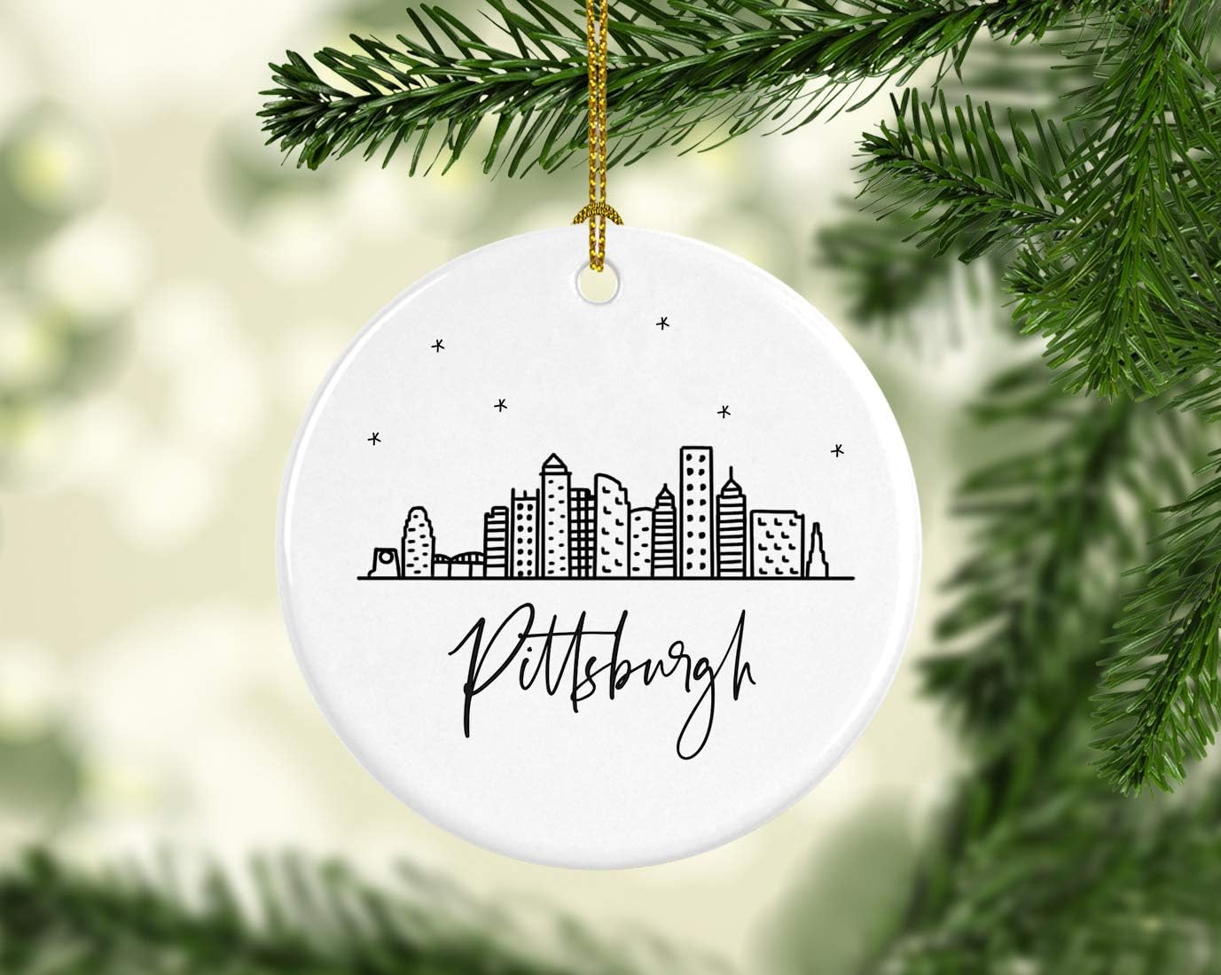 Andaz Press Round Ceramic Porcelain Christmas Tree Ornament Keepsake, Pittsburgh Black and White Stars City Skyline Graphic, 1-Pack, Birthday Gift Family Coworker Him Her, Includes Gift Box