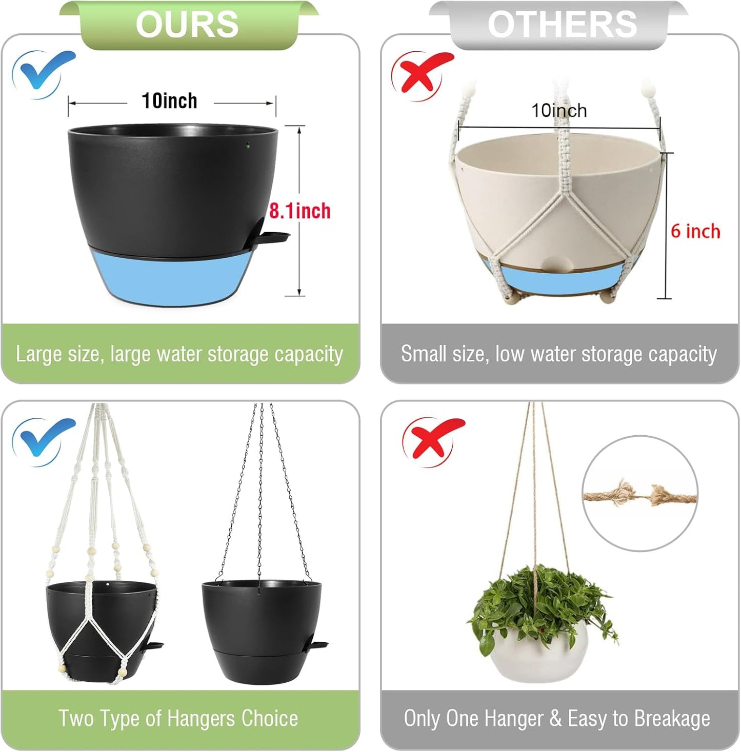 10 inch Self Watering Hanging Planters, 2 Pack Hanging Baskets for Indoor Outdoor Plants, Hanging Flower Pots with Drainage Holes & 2 Kinds of Plant Hangers for Garden Home Decor, Black