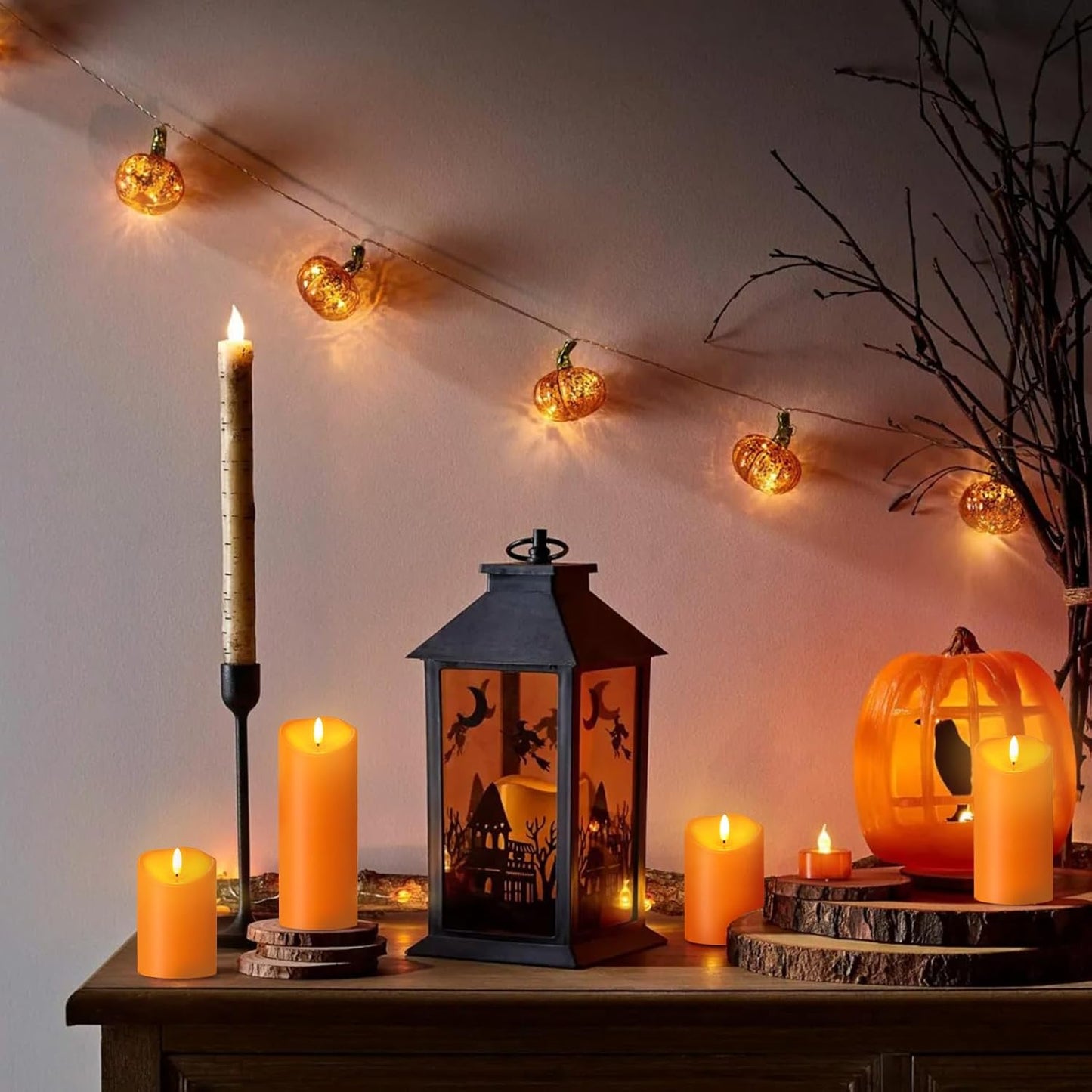 Outdoor Flameless Candles with Remote Timer - Waterproof Realistic Flickering LED Pillar Electric Battery Operated Fake Candle for Halloween Holiday Home Fireplace Decor - Orange 2 Pack (6"6")