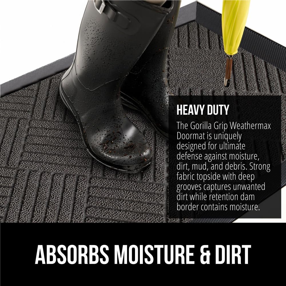 GORILLA GRIP 100% Waterproof All-Season WeatherMax Doormat, 72x24, US Designed Natural Rubber, Stain and Fade Resistant, Low Profile Indoor Outdoor Door Mats, Easy Clean Patio Mat, Gray Diamond