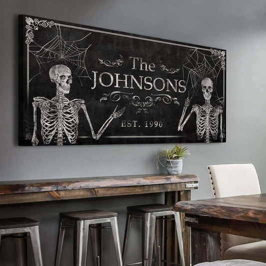 Tailored Canvases Gothic Family Wall Decor - Personalized Grunge Vintage Skeleton Room Decor for Home, Halloween Lovers, Men & Women for Bedroom, Living Room - Custom Couple Name, White Print, 48"x16"