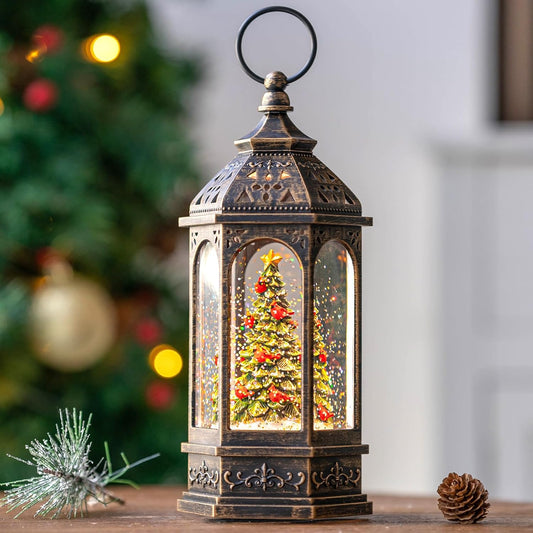 Christmas Snow Globe Lantern Water Glittering Christmas Tree with Cardinal, USB Lined/Battery Operated Lighted Lantern for Christmas Festival Decoration Gifts