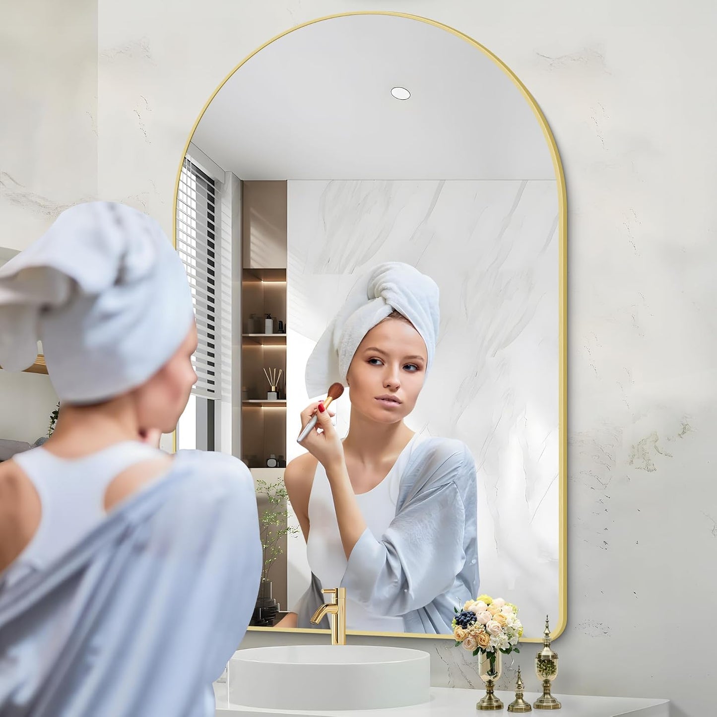 Arched Bathroom Mirror, 30"x48" Gold Arched Mirror for Bathroom, Wall Mounted Mirror, Gold Vanity Wall Mirror w/Metal Frame for Bedroom, Entryway, Living Room, Vertically Hanging