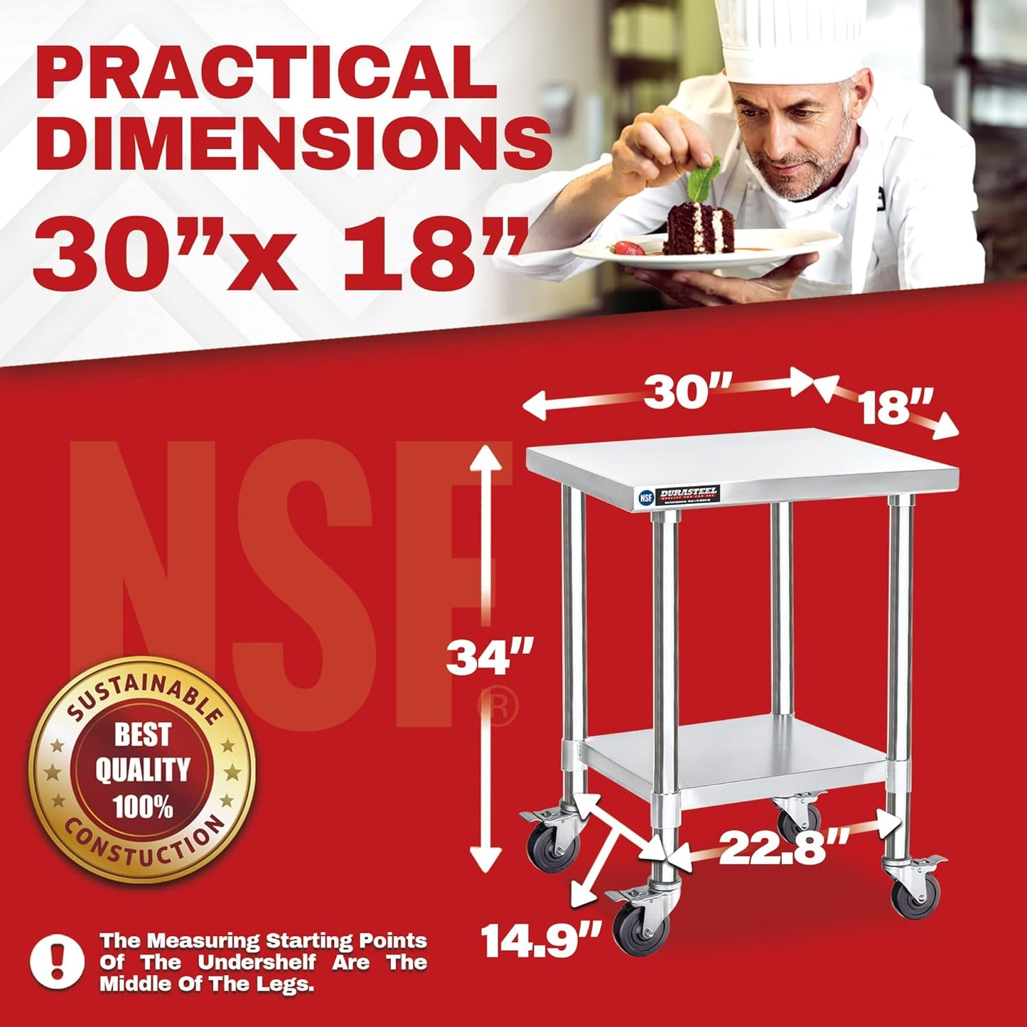 DuraSteel 30x18 NSF Stainless Steel Cart Work Table - Heavy Duty Rolling Food Prep Table - Metal Utility Cart on Wheels Caster, Grill Stand Microwave Outdoor Kitchen Tables Countertop Island Large Top