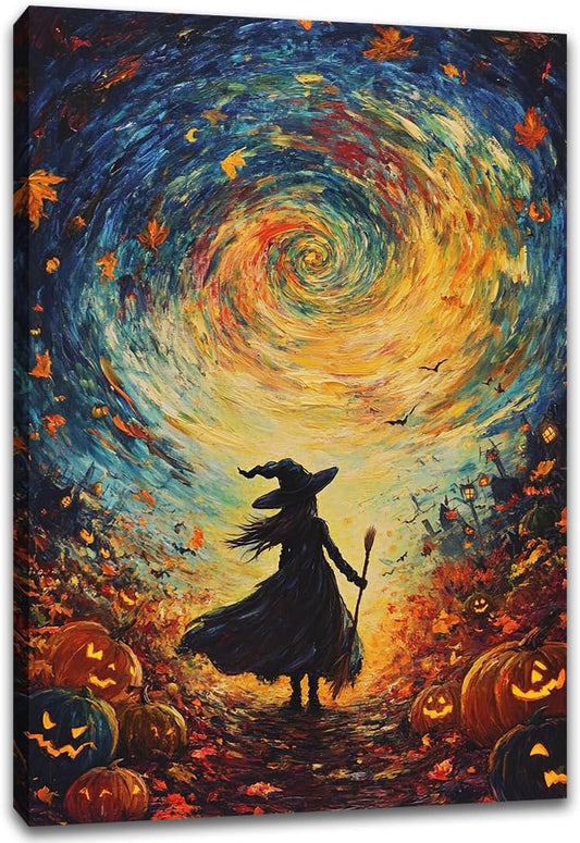 Halloween Autumn Witchy Decor Wall Art Prints,Gothic Witch in Whirlwind Autumn with Pumpkins Scene Pictures Poster,Fall Festival Home Decor Painting Canvas Poster for Bedroom Bathroom,12"x18" Framed