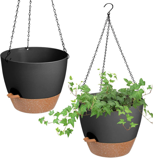 Hanging Planters for Indoor Outdoor Plants, 2 Pack Self Watering Hanging Pot with Drainage Holes & Removable Tray (Black, 10'')