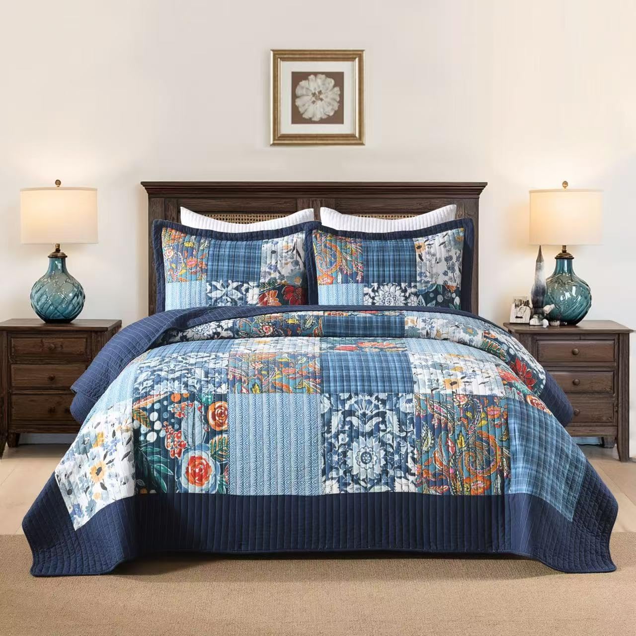 Autumn Dream Cotton Bedspread Quilt Sets Reversible Bedding Coverlet Sets, Luxury Vintage Paisley Floral Patchwork Blue Bedspread, King Size