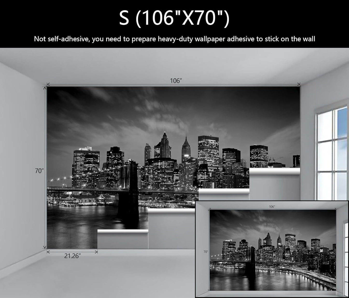 WFBHUA-Brooklyn Bridge Wall Mural Black New York City Landscape Photo Wallpaper for Living Room Bedroom(Not Peel and Stick)