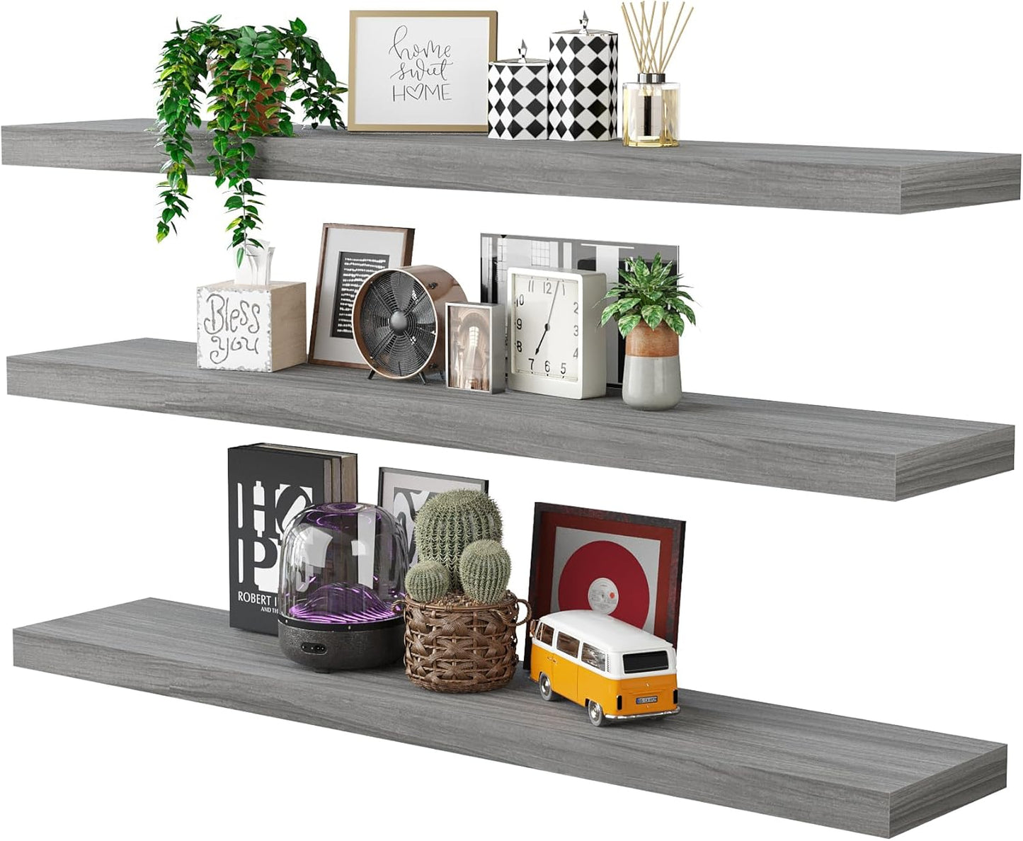 BAMEOS Floating Shelves, Walnut Wall Mounted Wooden Shelves with Invisible Brackets Set of 3, Hanging Wall Shelves Decoration for Bedroom, Bathroom, Living Room and Kitchen