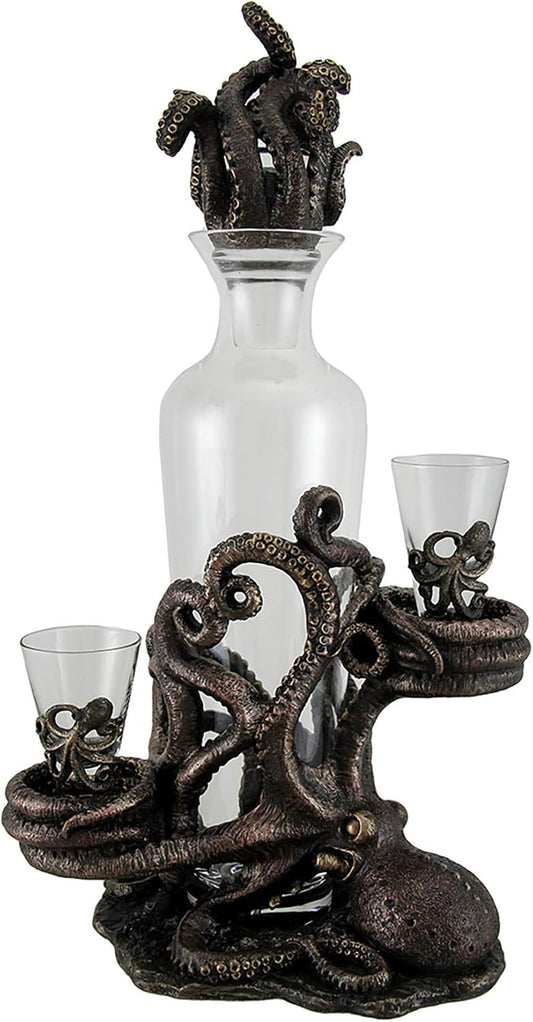 Resin And Glass Liquor Decanters Octopus Spirit Decorative Antique Bronze Finish Statue And Glass Decanter Set 8.5 X 15.5 X 5.25 Inches Bronze