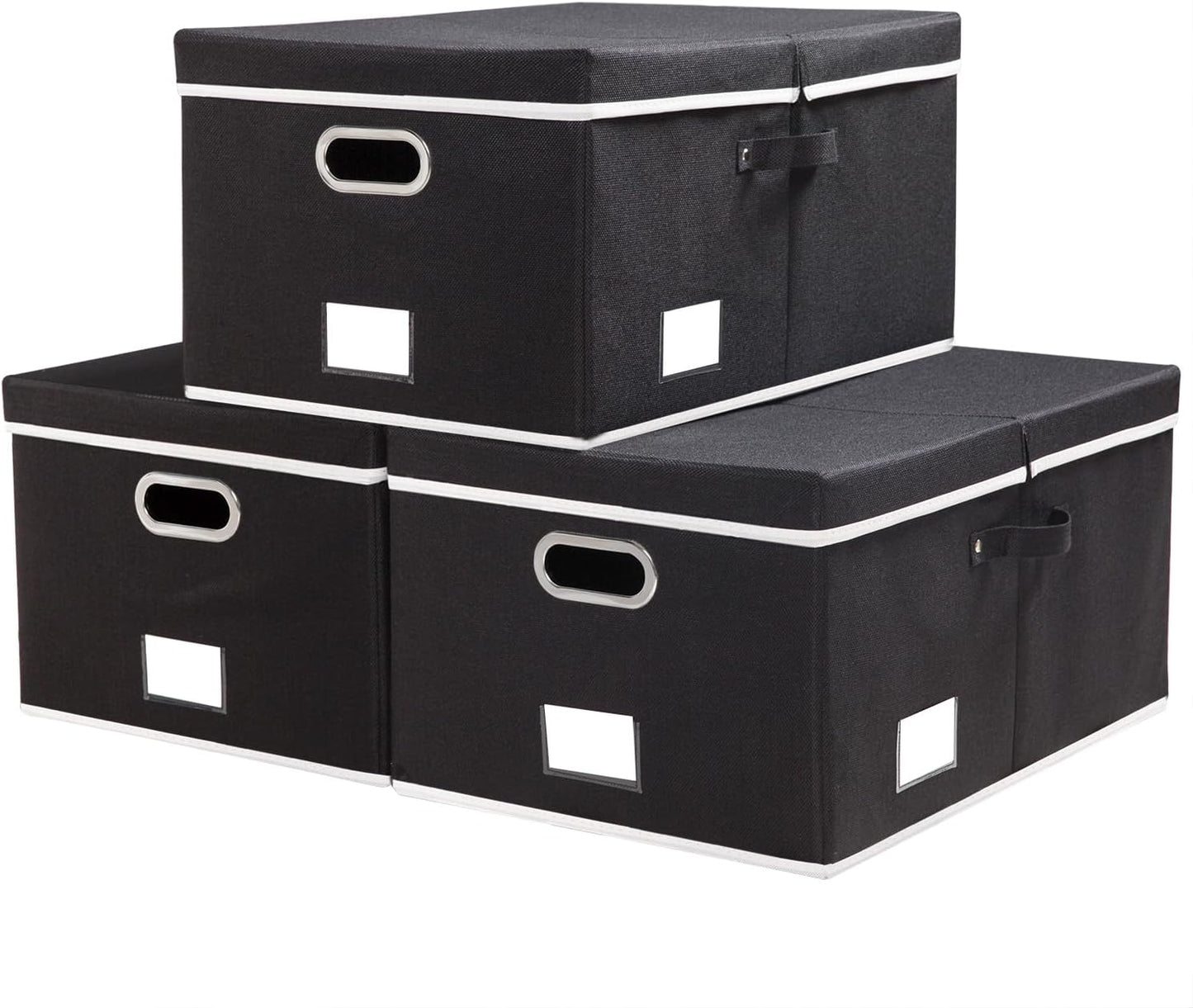 PRANDOM Storage Boxes with Lids [3-Pack] Fabric Collapsible Storage Bins Organizer Containers Baskets Cube with Cover for Home Bedroom Closet Office Nursery Black（23.4X15.9X11.5