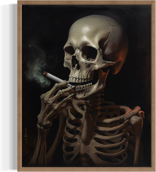 Skull Smoking Ciggarettes Poster Art Print, Halloween Scary Vintage Wall Art Academia Spooky Painting Decoration for Horror Prints, Gothic Posters Bedroom Decor 89 (Skull Smoking Ciggarettes, 8 x 10 inches, Wood Frame)