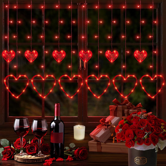 Valentines Day Decor, 138LED 12 Hearts Curtain Lights for Bedroom, Window Lights with Remote 8 Modes, USB and Battery Powered Valentines Lights for Wedding Birthday Anniversaries Party Decor (Red)