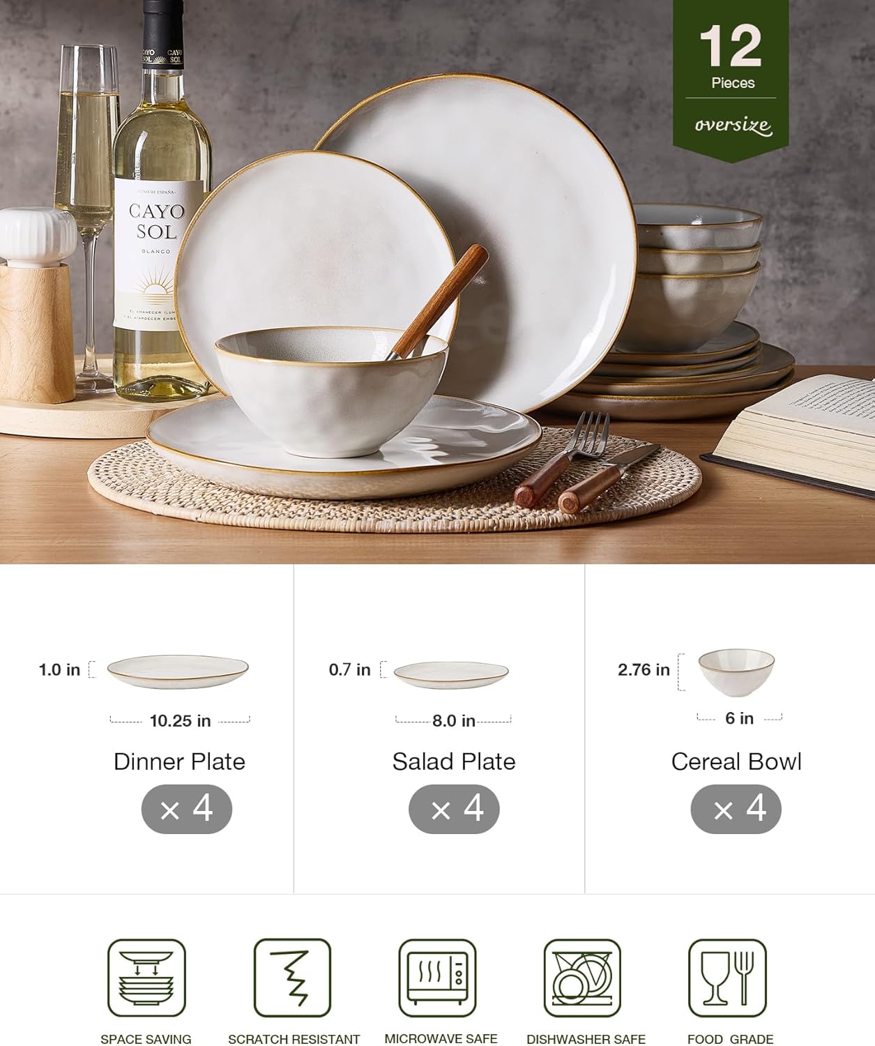 Famiware Dinnerware Sets for 4, Ocean Round 12-Piece Kitchen Plates and Bowls Sets, Reactive Glaze, Microwave and Dishwasher Safe, Scratch Resistant, Cappuccino White