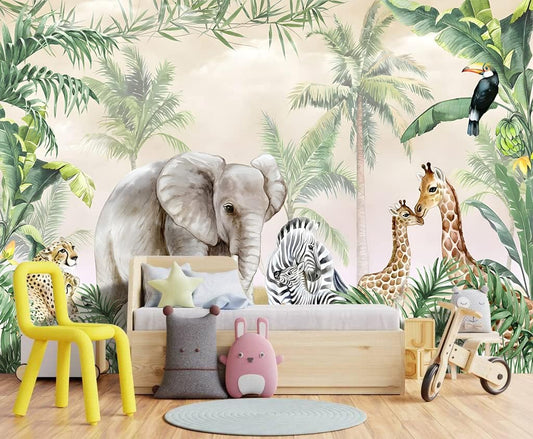 Tropical Animal Plants wallpeper Nursery Kids Bedroom Elephant Wall Mural - 91"x65"（Not Peel and Stick）