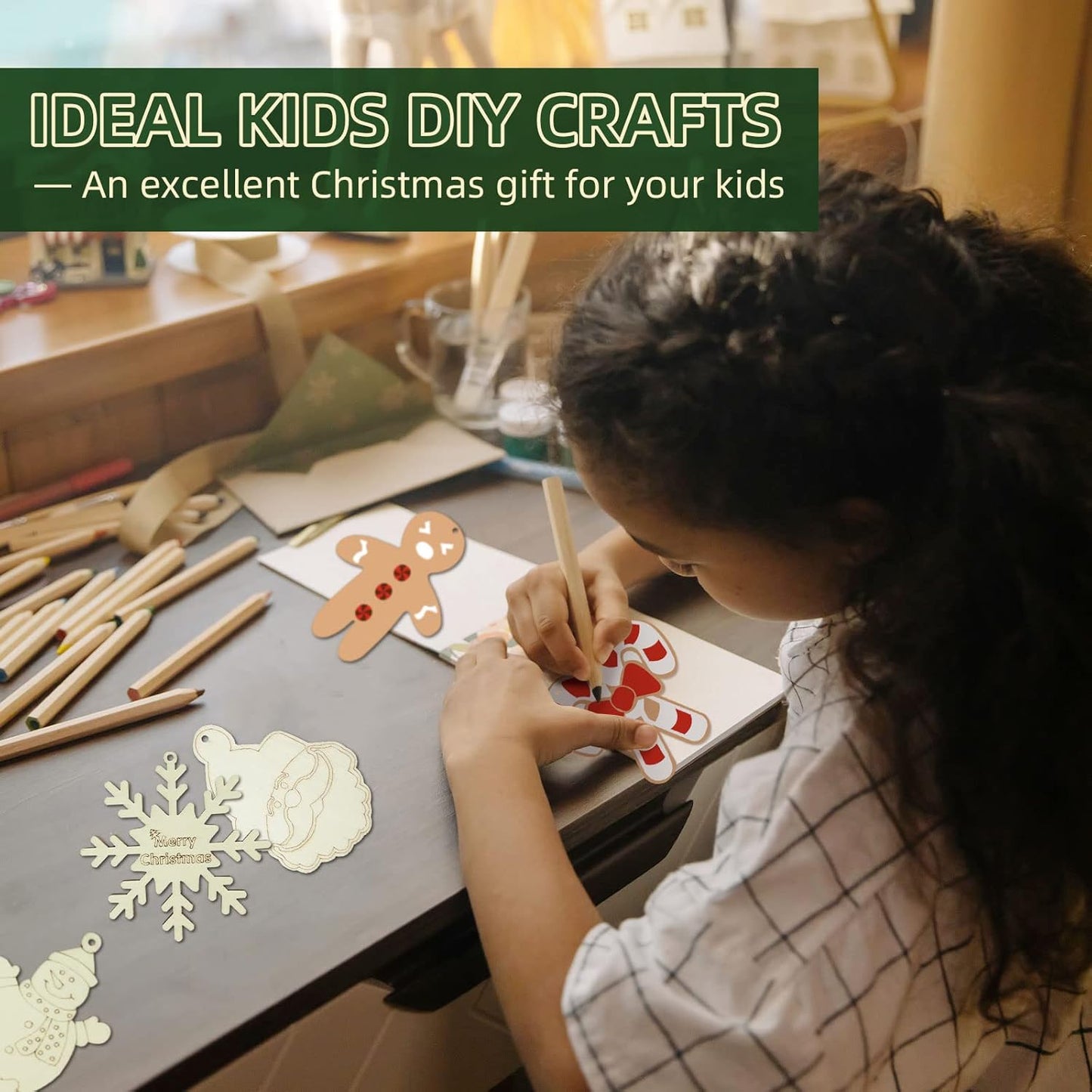 Wooden Christmas Ornaments, 176 PCS Unfinished Predrilled Wood Ornaments Set with 72 Blank Wood Slices in 9 Styles, 90 Bells and 12 Color Pens for Kids DIY Crafts and Christmas Hanging Decoration, A